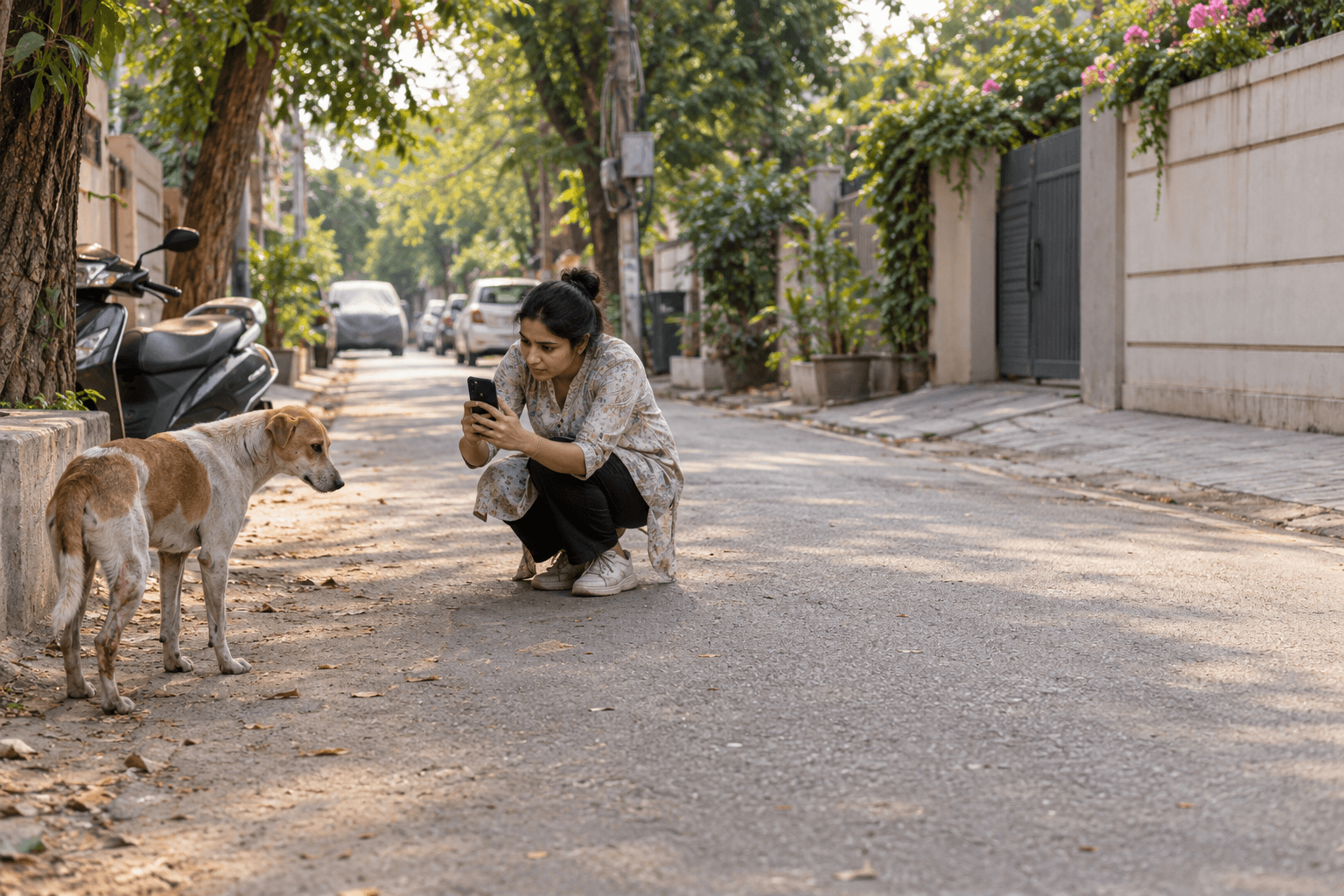 A resident documenting an injured street dog from a safe distance in Delhi NCR