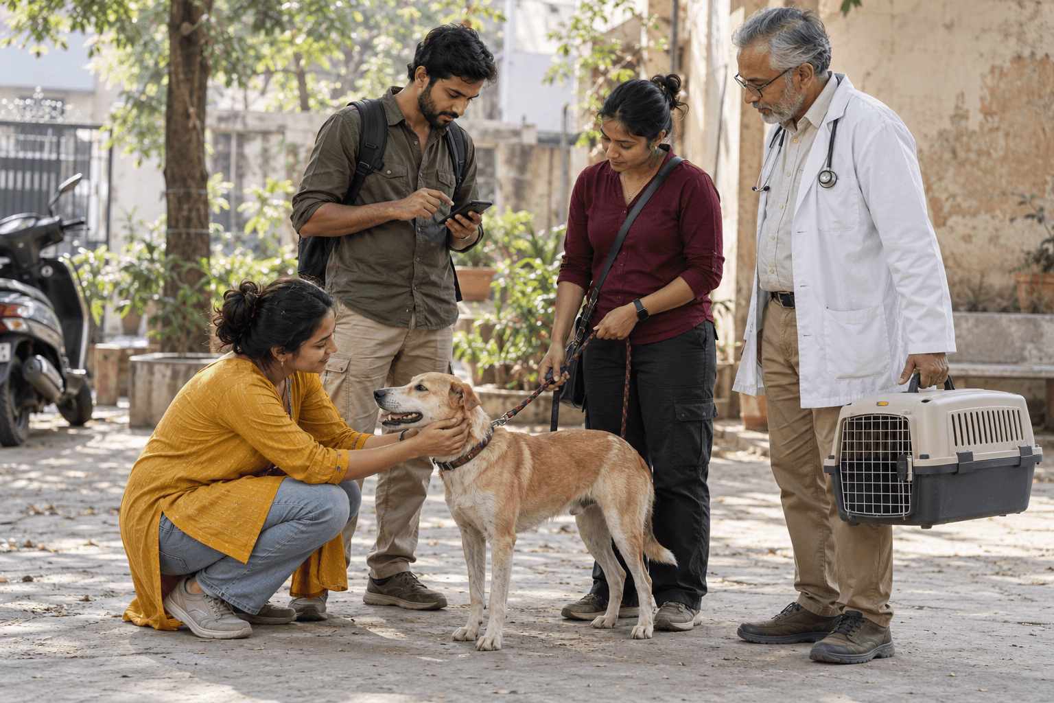 Citizens, a rescuer and a veterinarian helping a street dog