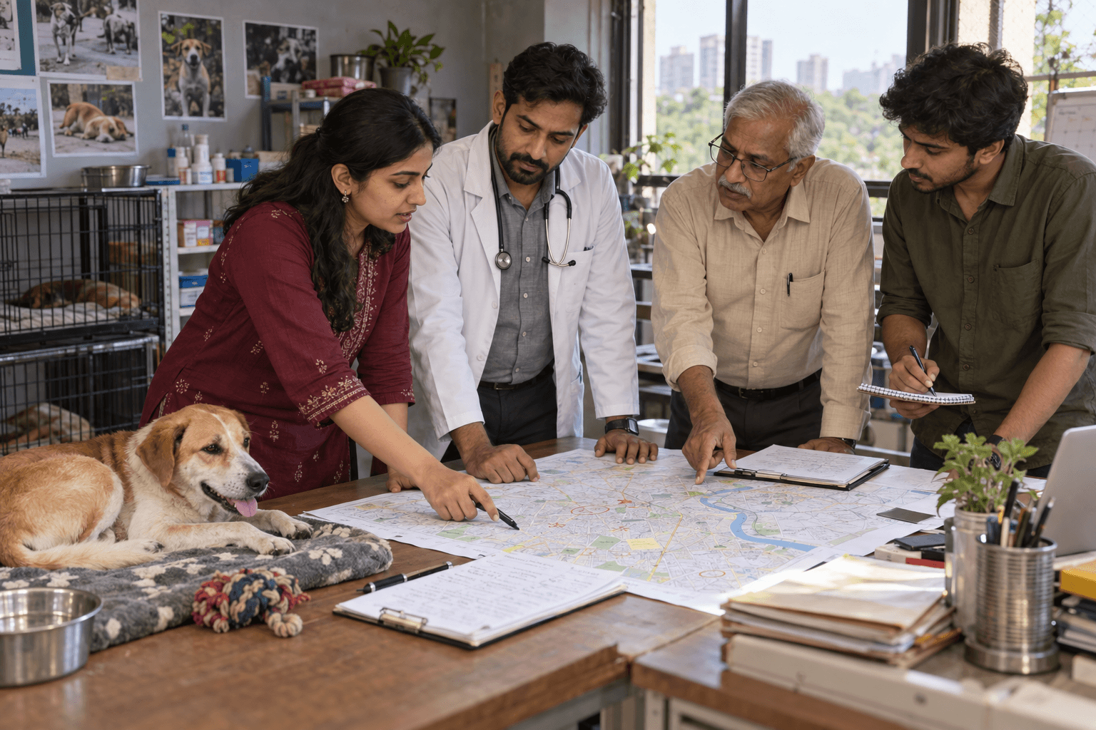 A varied group of animal-welfare partners coordinating around a Delhi NCR response map