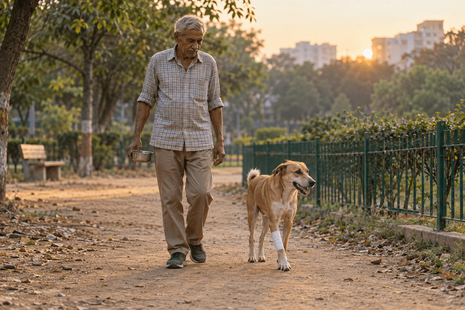 A community caregiver walking beside a recovering street dog in Delhi NCR
