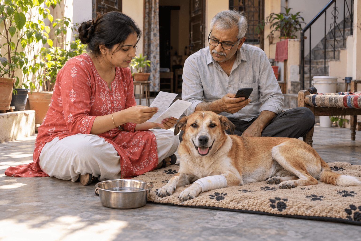 Caregivers reviewing case-linked support beside a recovering dog