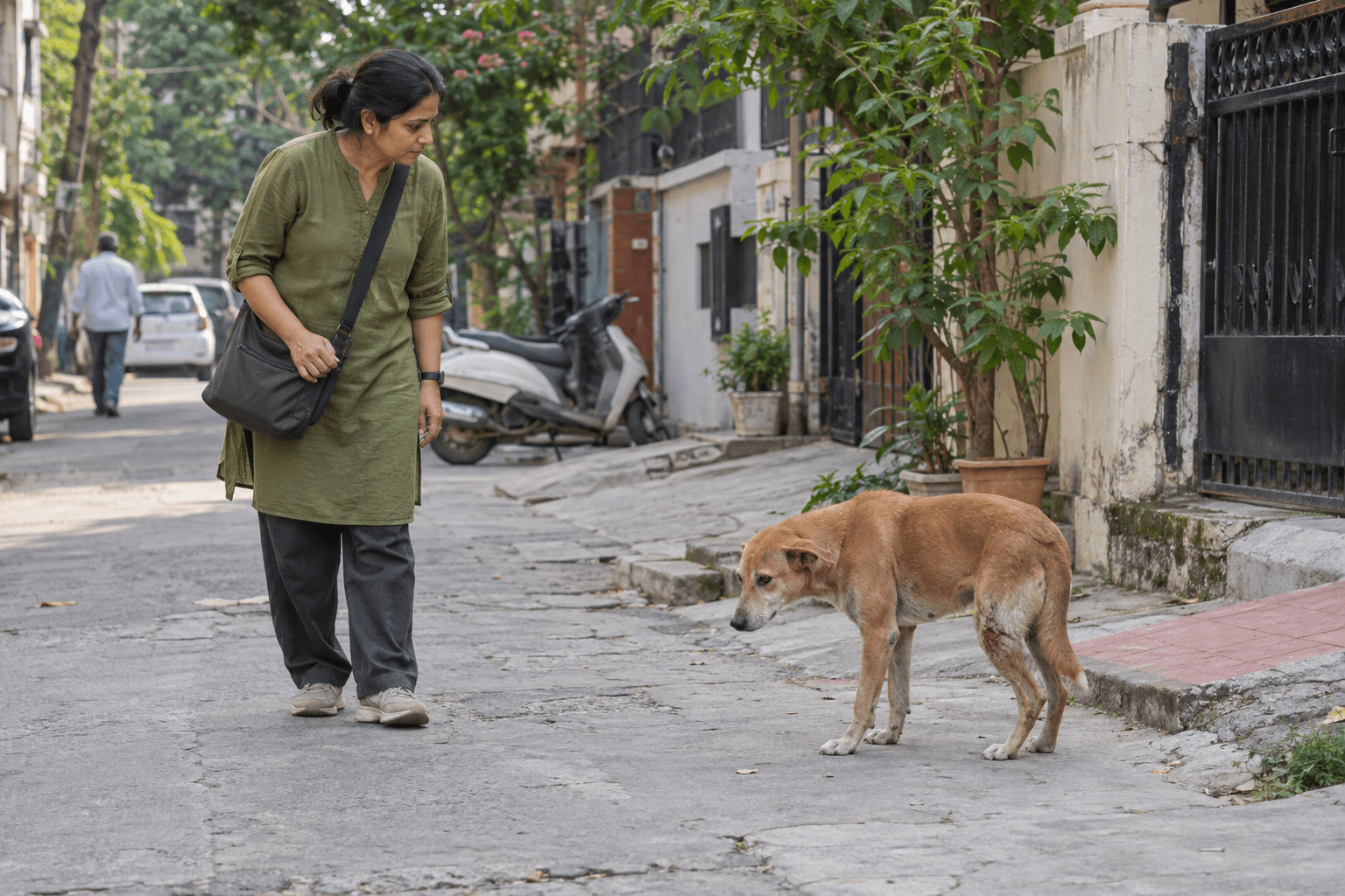 Illustrative scene of a person safely reporting a street dog from a distance in a Delhi NCR neighbourhood